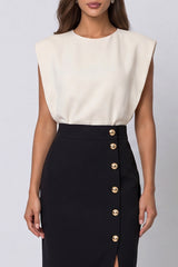 Ivory and Black Round Neck Midi Work Dress with Slit