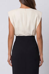 Ivory and Black Round Neck Midi Work Dress with Slit