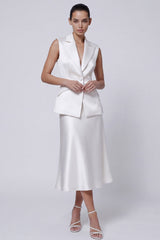 Ivory Peaked Lapel 2 Piece Satin A Line Midi Work Dress