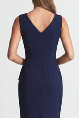 Navy Ruched Bodycon V Neck Midi Work Dress with Slit