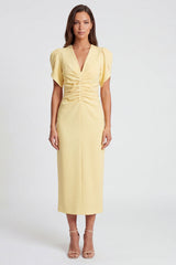 Light Yellow Sheath V Neck Ruched Midi Work Dress