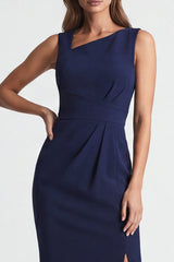 Navy Asymmetric Neck Sheath Midi Work Dress with Slit